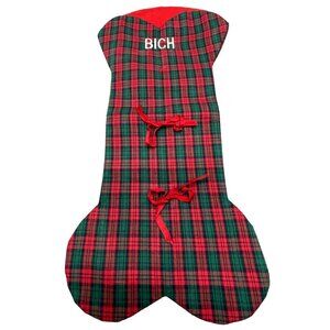 overly raker dog bone Christmas stocking plaid red green bich bows 16" READ